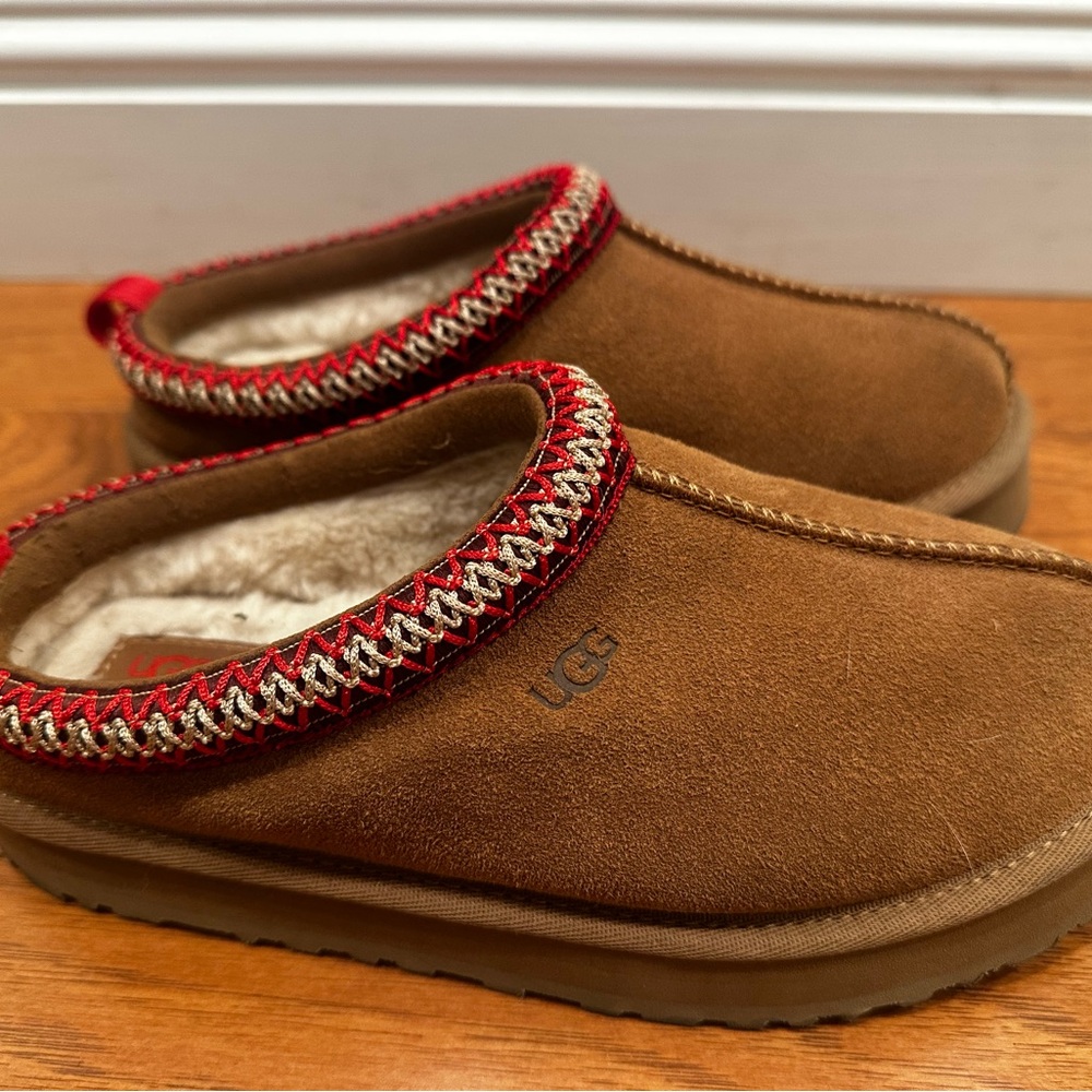 UGG Brown Slippers with Red Trim